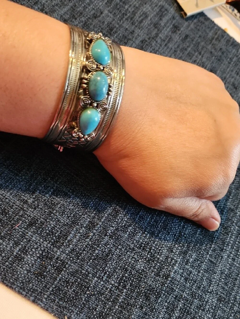 Turquoise Stone Silver-Tone Cuff Bracelet - Women Jewelry